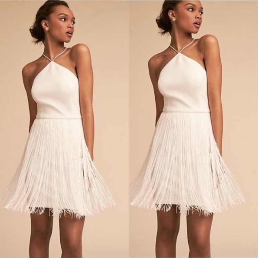 BHLDN Aidan Mattox Ivory Crepe & Fringe Dress